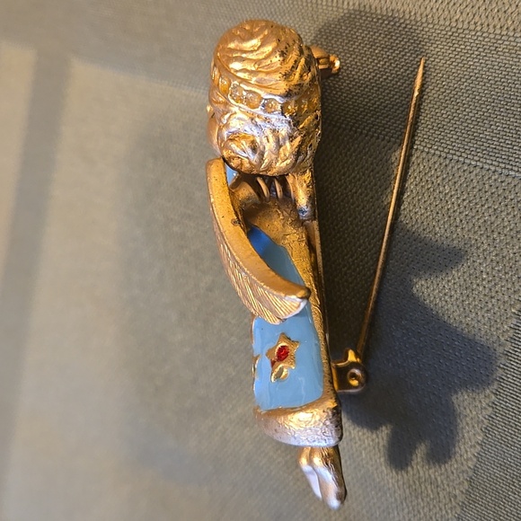 Rare Find Gold Tone Blue Angel W/ Rhinestone Halo Stars, Gold Wings Vintage 80's - Picture 3 of 12